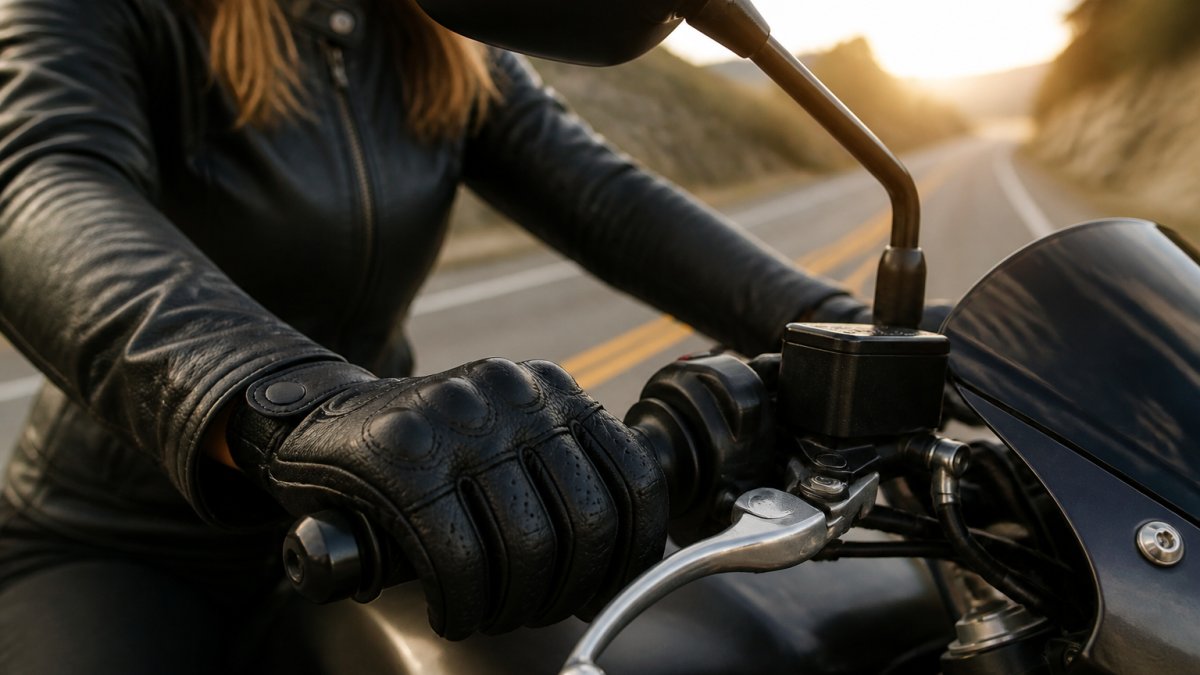Close-up of a woman rider's hands in black leather riding gloves gripping motorcycle handlebars, sunlight on the road ahead