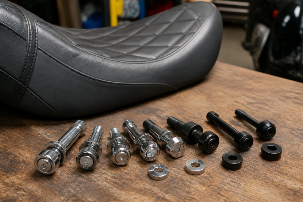 Close-up of several different locking seat bolts and security hardware laid out on a workbench beside a Harley-Davidson touring seat, showing chrome and black powder coat finishes under warm workshop lighting