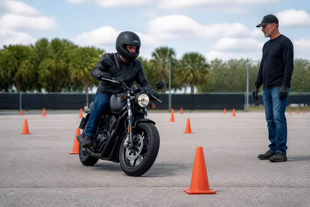 Motorcyclist in full safety gear practicing defensive riding during motorcycle training with an instructor