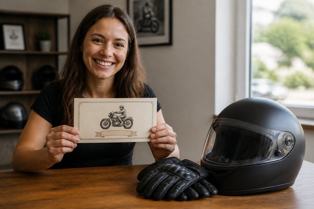 A smiling person holding a printed motorcycle training gift certificate beside a black helmet and leather gloves on a wooden table, soft daylight from a nearby window