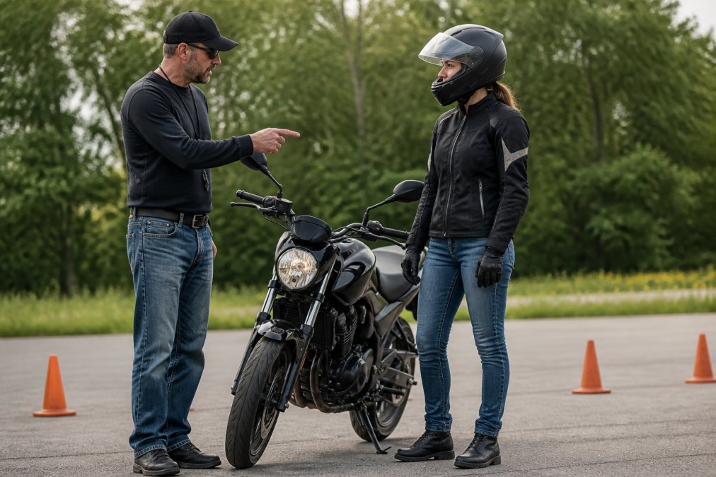 Instructor explaining proper safety gear to nervous beginners standing by a training motorcycle on a paved range.