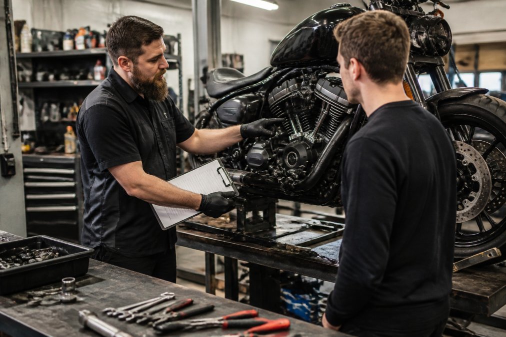 A motorcycle mechanic in a professional workshop holding a service checklist and pointing at the engine of a bike on a lift, with bright workshop lighting and tools visible on the bench