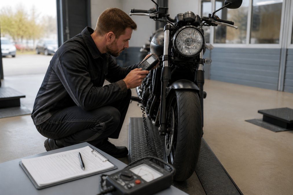 Een inspecteur van een keuringsstation die een motorfiets voorzijde controleert, met meetapparatuur en keuringsdocumenten zichtbaar