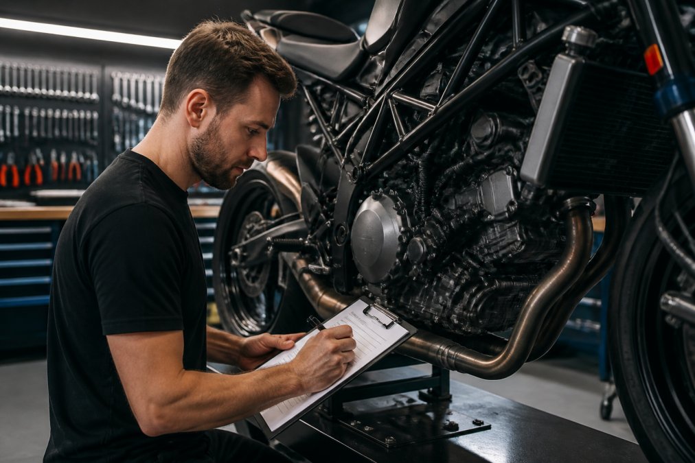 Technicus in werkplaats controleert motorfiets motorblok en onderdelen met checklist op klembord, heldere werkplaatsverlichting en onderhoudsgereedschap in achtergrond