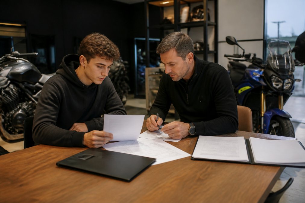 Klant en verkoper bespreken garantiedocumenten en aankoopfactuur aan tafel met papierwerk, contracten en digitale apparaten in heldere kantooromgeving