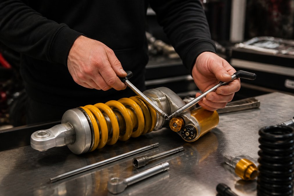 Technicus stelt een Öhlins-schokdemper af met inbussleutels en afstelknoppen zichtbaar op een werkbank, met fijne afstelschroeven in detail zichtbaar