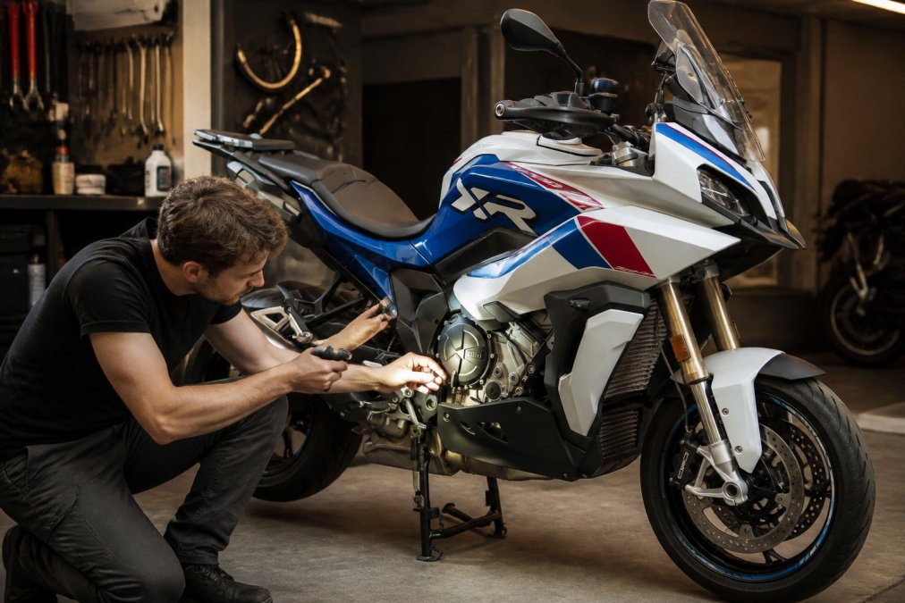 Technician inspecting a motorcycle in a workshop, examining engine components and checking mechanical condition under bright work lighting
