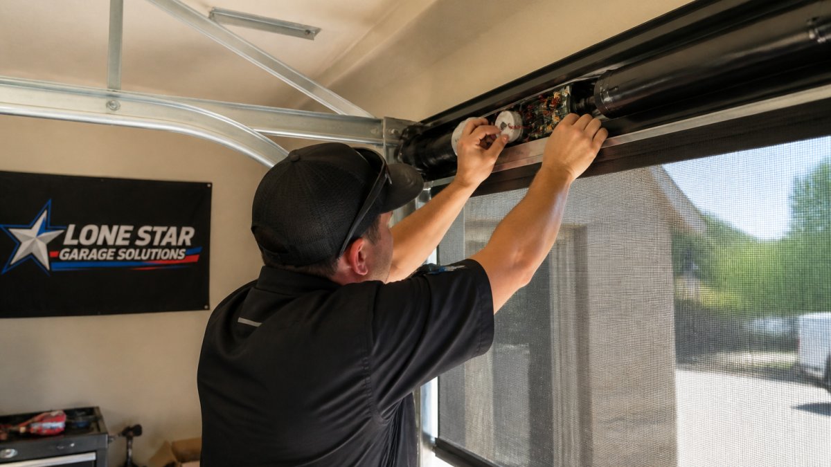 Professional technician's hands inspecting a motorized garage screen motor and track assembly, examining the mechanical components and electrical connections in a residential garage setting