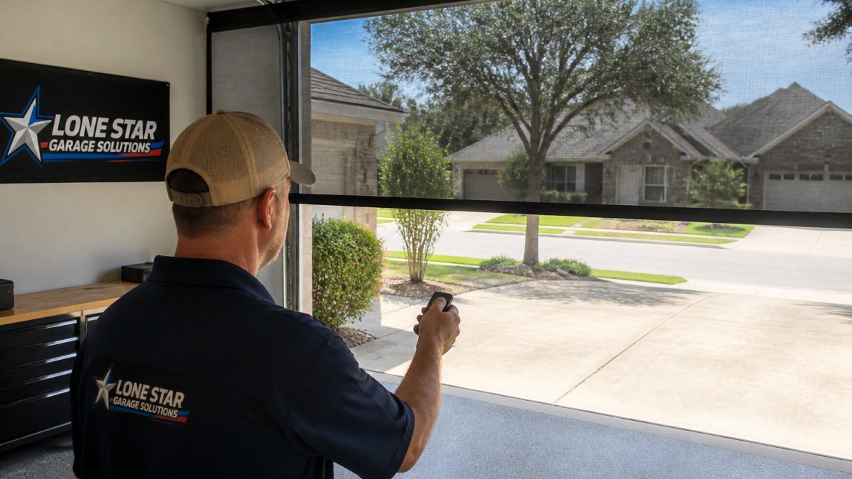 Homeowner standing in a garage with a retractable motorized screen partially open, showing the convenience of remote operation during a sunny day