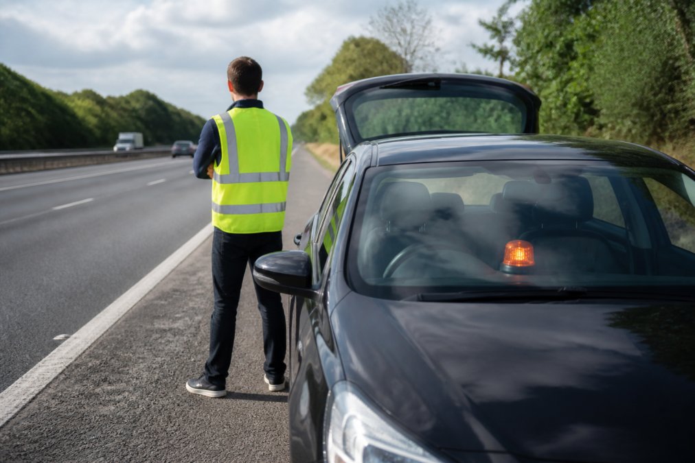 Motorway Breakdown Safety: Why It’s Critical Driver standing safely behind a stationary vehicle on a motorway hard shoulder, wearing a high-visibility vest, with hazard lights flashing and an emergency beacon visible on the dashboard, daylight conditions