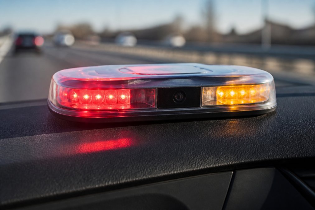 Motorway Breakdown Safety: Why It’s Critical Close-up of a modern emergency beacon with GPS and LED hazard lights mounted on a vehicle dashboard, showing bright red and amber lighting in daylight conditions, professional product photography