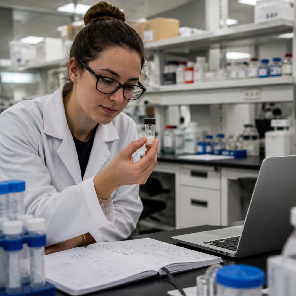 A researcher in a clean lab coat examining a small vial of peptide powder beside a notebook and laptop in a bright laboratory, representing peptide research and pathway analysis