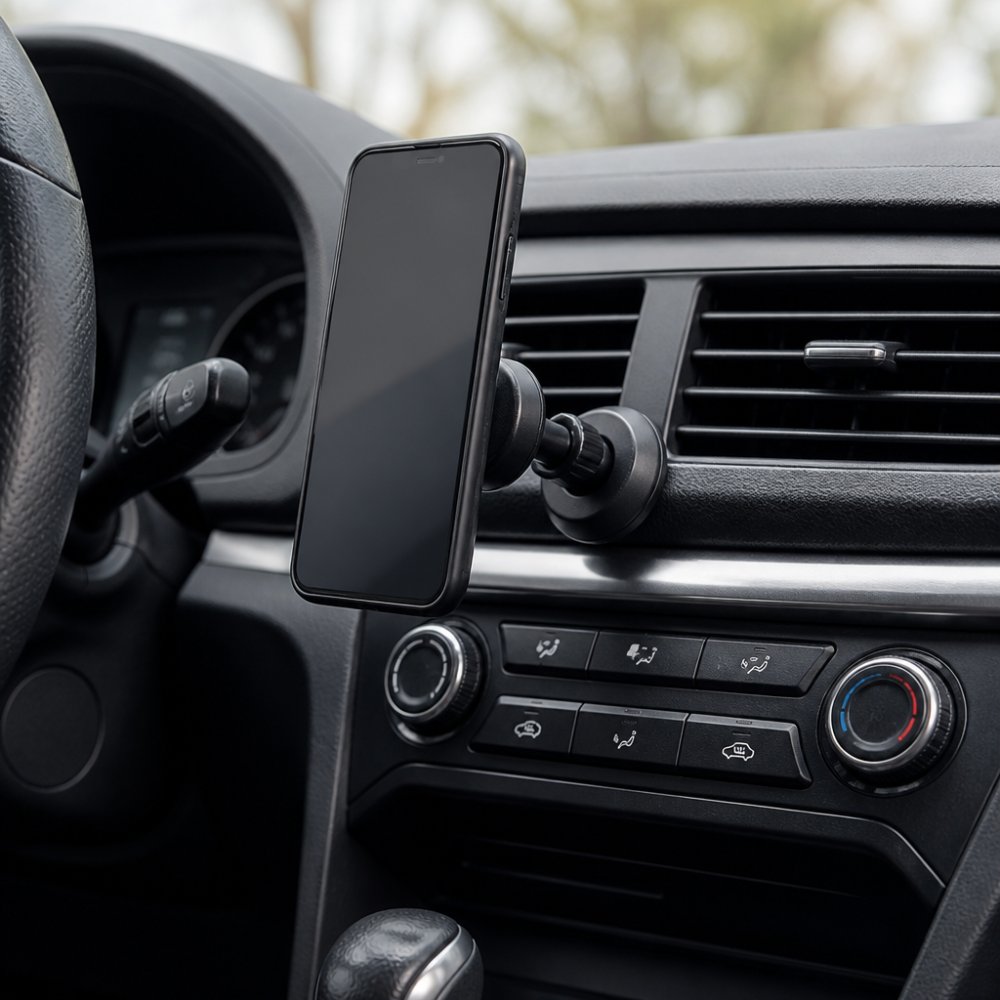 Professional illustration showing visible and smartphone and held concepts for mount phone in car without blocking air vents