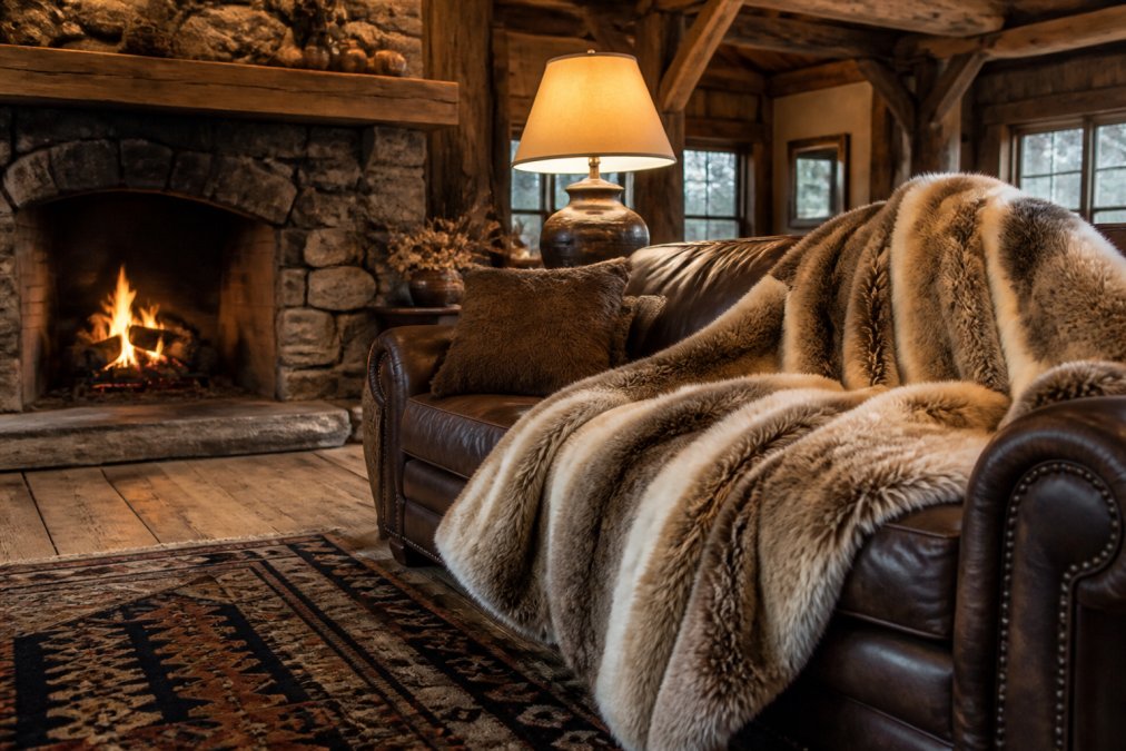 A cozy living room with a stone fireplace, exposed wooden beams, and a thick fur blanket draped over a leather sofa, warm ambient lighting from a nearby lamp highlighting the fur texture and wood grain floor