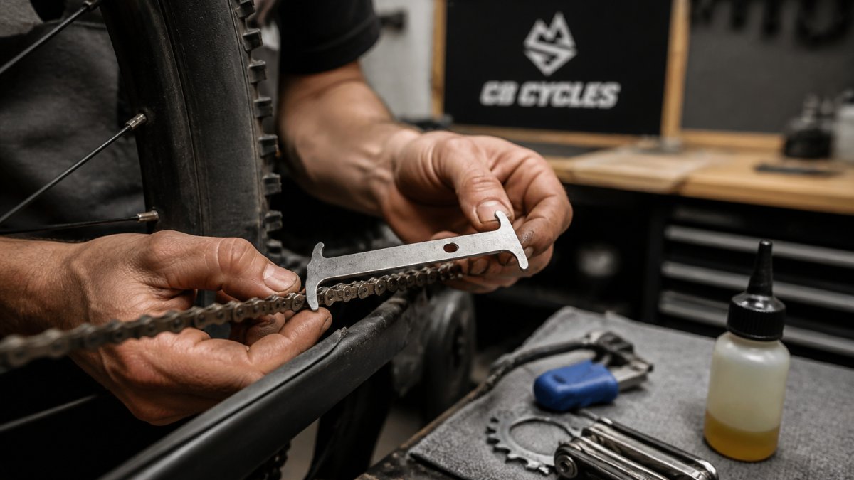 Close-up of a rider's hands using a chain wear indicator tool on a mountain bike chain in a workshop setting, chain oil visible on the links