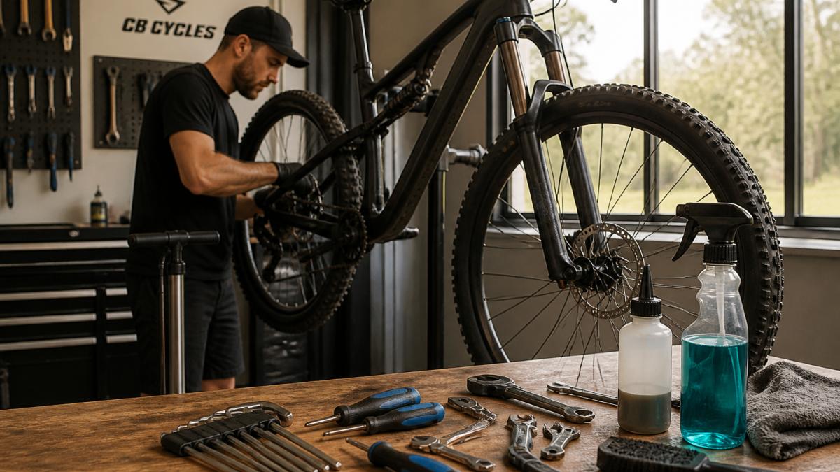 A home workshop bench with a mountain bike mounted on a repair stand, surrounded by hex keys, a floor pump, a chain lube bottle and bike cleaning spray, natural light from a garage window