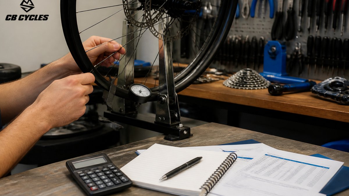 Close-up of a mountain bike wheel mounted in a truing stand in a bike workshop, mechanic's hands adjusting a spoke nipple with a spoke key, tools and parts on the bench behind