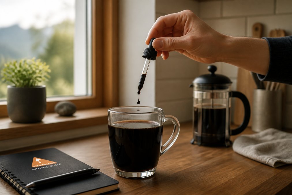Person adding drops of dark liquid supplement into a glass mug of coffee on a sunlit wooden kitchen counter