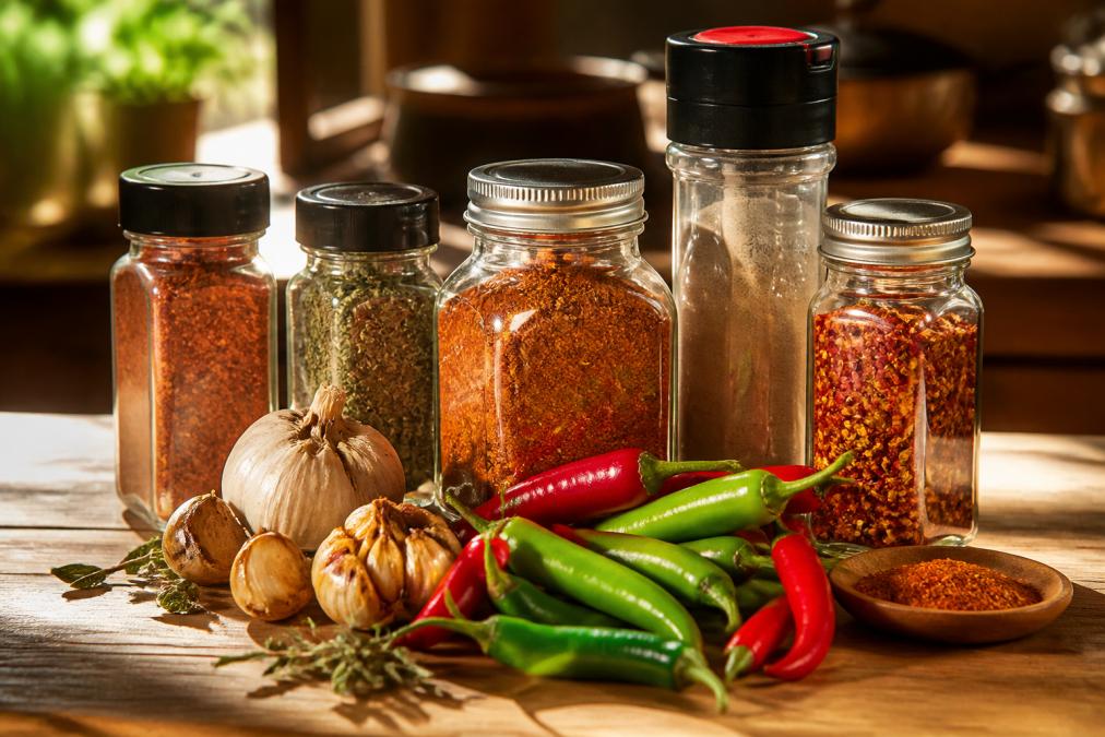 Close-up of colorful spice jars and containers arranged on a kitchen counter with fresh red and green chiles, roasted garlic cloves, and herbs nearby, natural sunlight streaming across the textures and labels