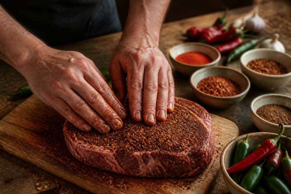 Hands rubbing a dark spice blend onto raw ribeye steak on a wooden cutting board, with small bowls of individual spices and fresh chiles visible in the background, warm kitchen lighting