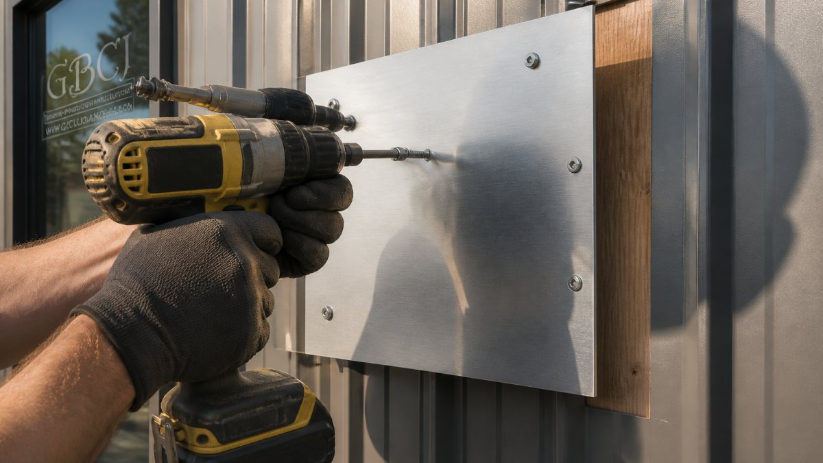 Contractor using a drill to secure an aluminum backing plate for heavy sign mounting into a wood-studded wall.