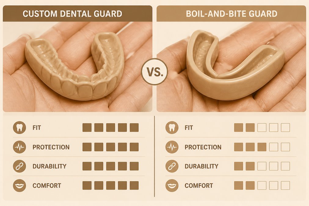 Close-up of a custom-fitted mouthguard and a store-bought boil-and-bite guard side by side in someone's hand, showing the difference in contours and precision fit under natural lighting