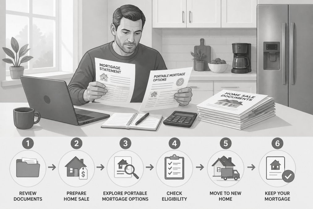 Homeowner reviewing mortgage documents at kitchen table with laptop and calculator, studying portable mortgage options during home sale process