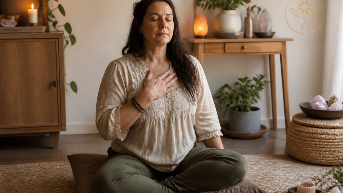Woman sitting peacefully on a comfortable cushion in a softly lit room, eyes gently closed, hand resting on her heart, demonstrating grounded, calm posture during a somatic practice
