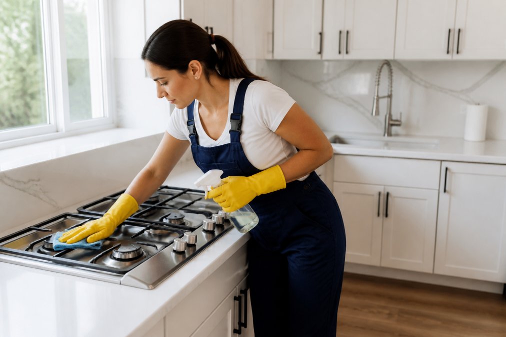 Professional demonstrating kitchen appliance cleaning technique, wiping down stovetop and cabinet surfaces with microfiber cloth and degreaser solution in bright kitchen with natural window lighting