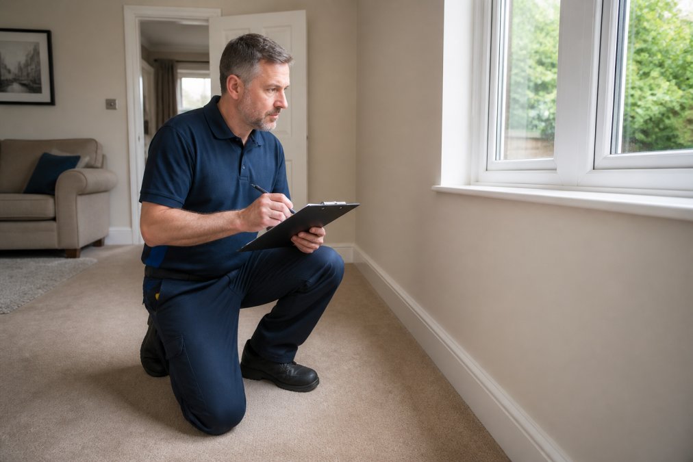 A professional cleaner in a uniform holding a clipboard, inspecting a carpeted living room and noting the condition of skirting boards and windows in natural daylight