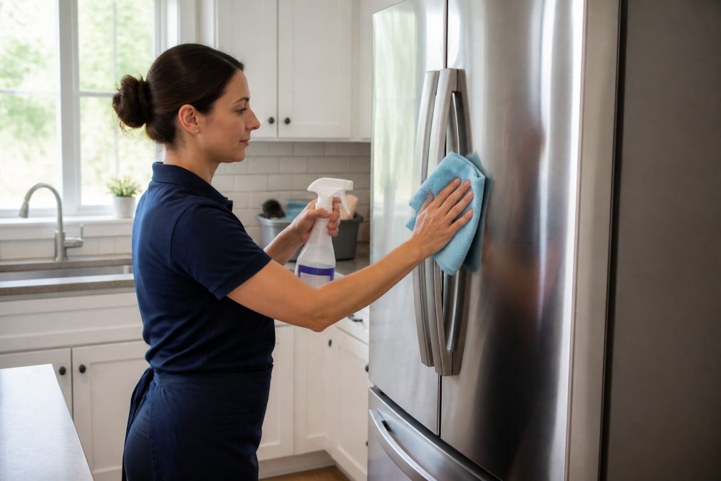A professional cleaner in a navy uniform spraying and wiping a stainless steel refrigerator door with a microfiber cloth in a bright, modern kitchen
