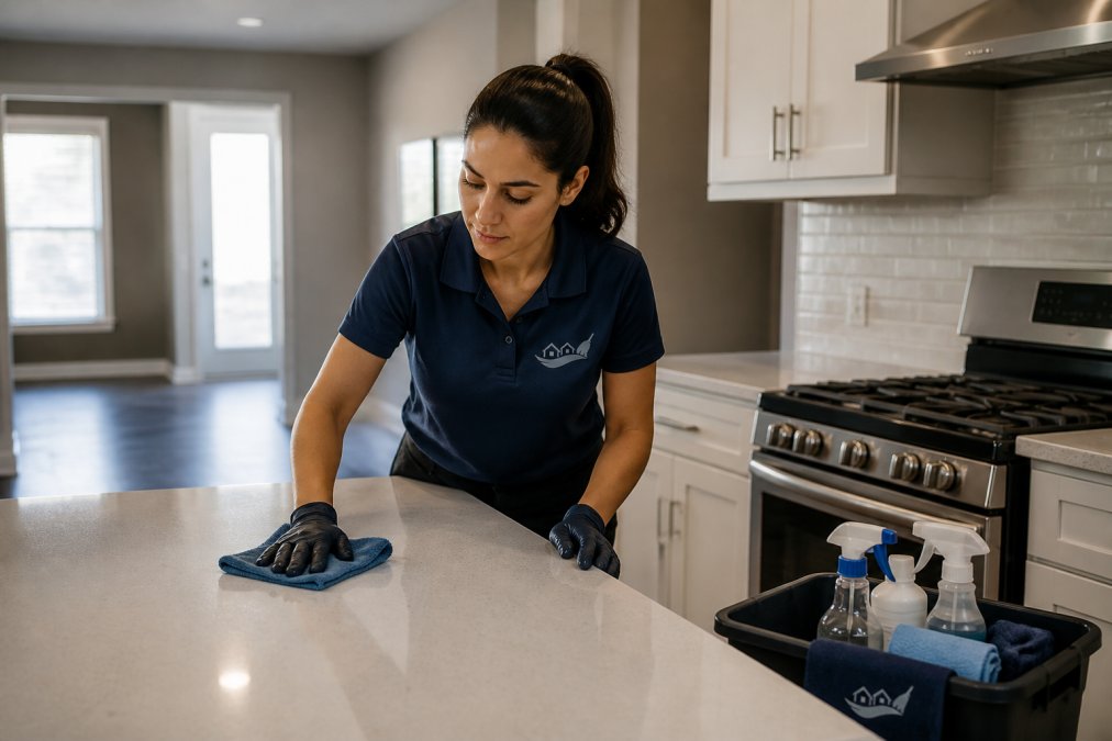 A professional cleaner in a navy uniform wiping down a kitchen counter and stainless steel stove in a bright, empty rental home, with a cleaning caddy of supplies nearby