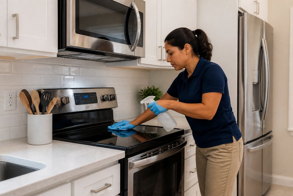 Professional cleaner in uniform spraying and wiping down kitchen appliances and cabinets in a bright, modern kitchen