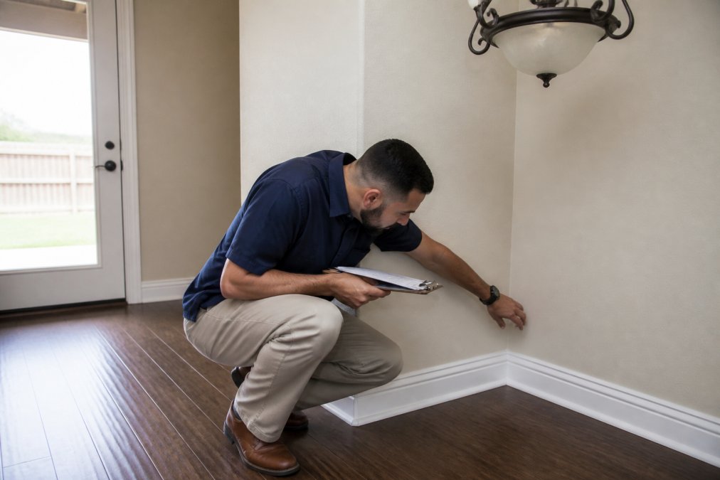 Property manager or landlord inspecting baseboards, corners, and light fixtures with a clipboard during a move-out inspection walkthrough