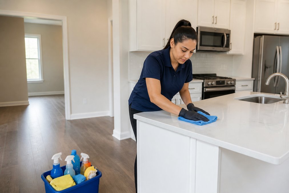 A professional cleaner in a navy polo shirt wiping down a kitchen counter in a bright, empty rental home, with a caddy of cleaning supplies on the floor nearby