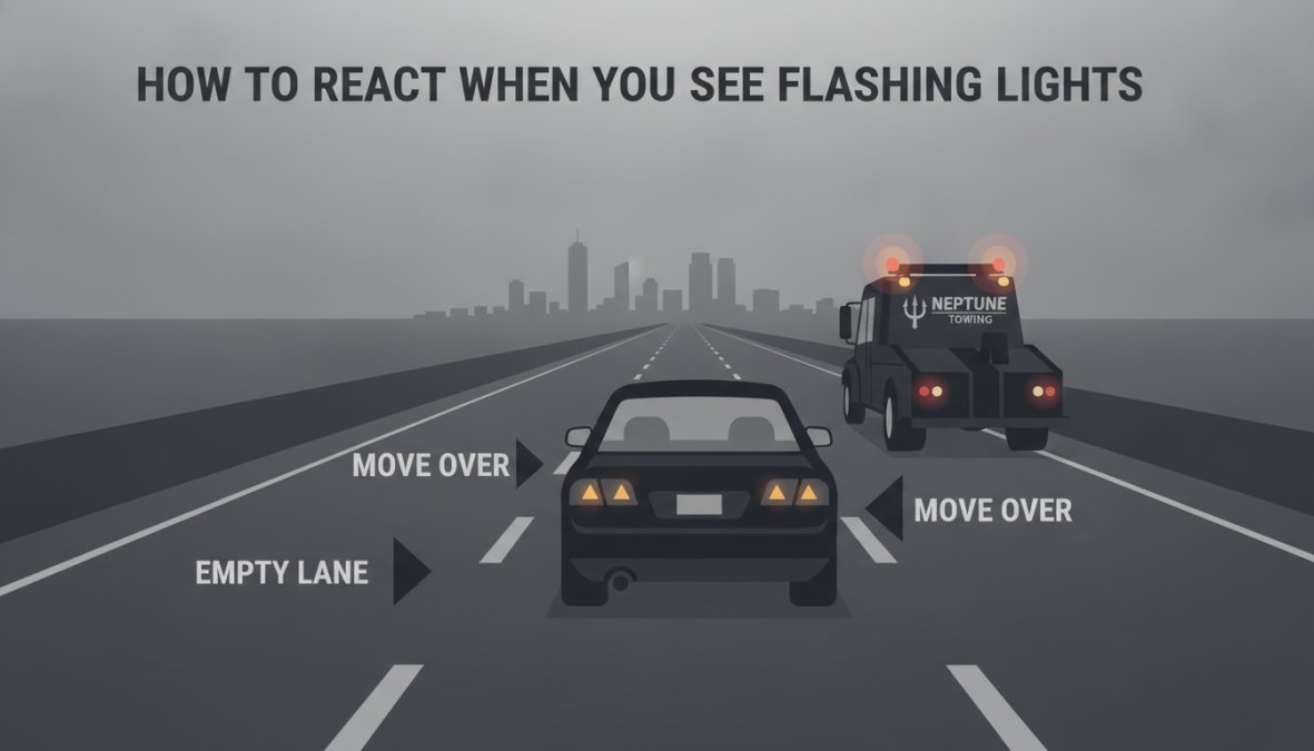Emergency tow truck with amber and red flashing lights parked on I-44 shoulder near Tulsa, view from behind a stopped vehicle showing proper lane positioning and hazard lighting