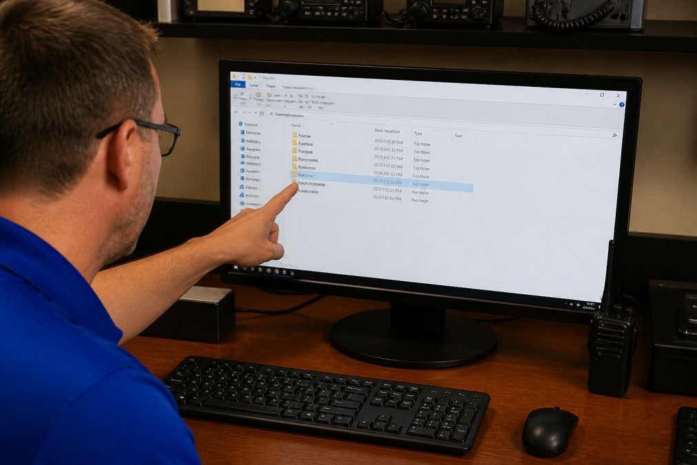 Professional pointing to Windows file explorer window displaying radio software configuration folders with directory paths highlighted on computer monitor