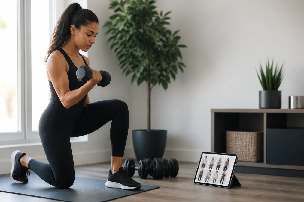 A woman in sculpting black activewear lifting a dumbbell in a bright home gym, a tablet showing a clothing store propped on the floor nearby