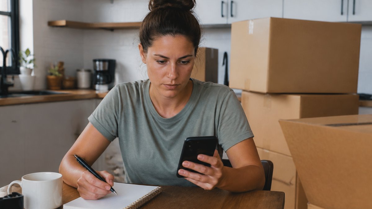 A person sitting at a kitchen table with a smartphone, notepad, and moving boxes in the background, looking focused and determined