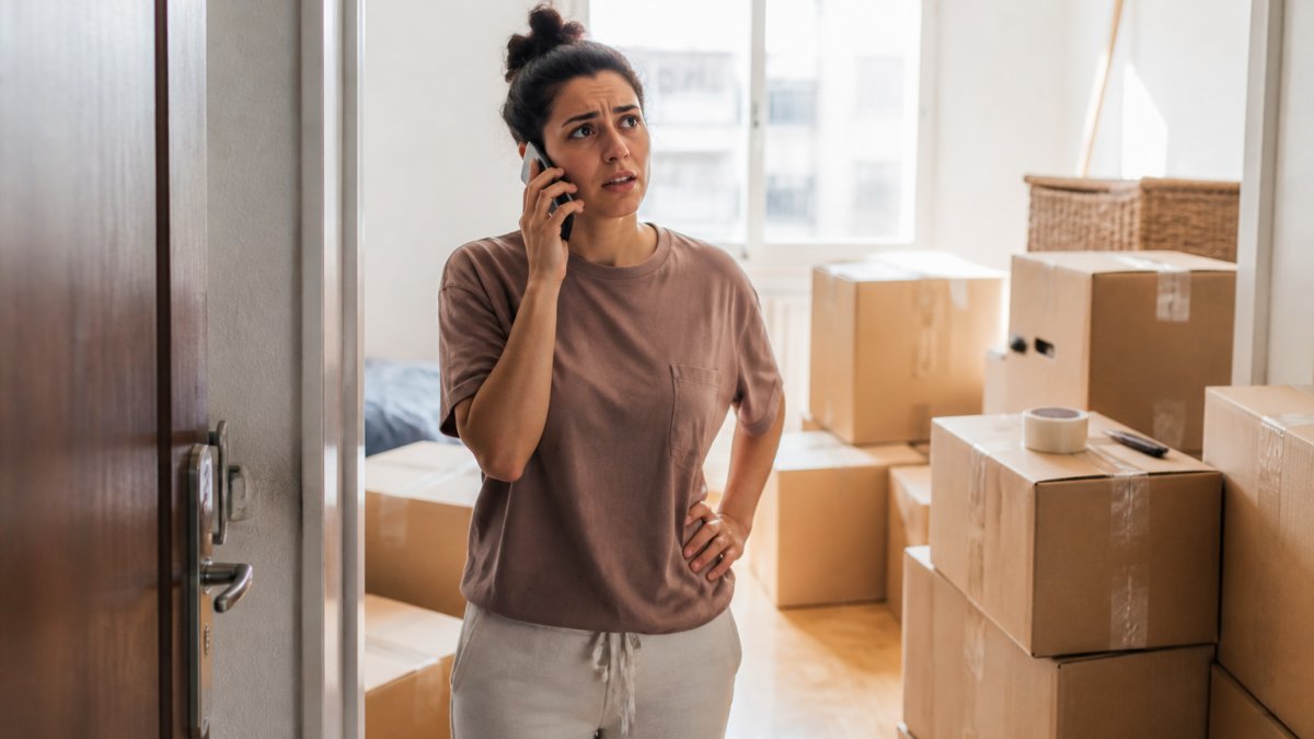 A person standing in an apartment doorway surrounded by packed cardboard boxes, holding a phone to their ear with a concerned expression, morning light coming through the window