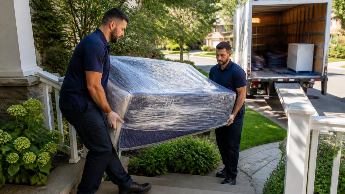 Two professional movers in matching uniforms carrying a wrapped sofa down the front steps of a suburban house, moving truck parked at the curb behind them