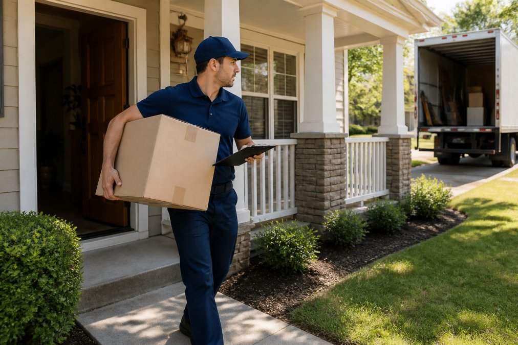 A professional mover in a uniform carefully carrying a labeled cardboard box out of a suburban home's front door toward a moving truck, with a clipboard in hand