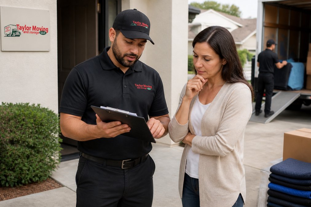 Professional moving company representative discussing moving estimate with homeowner while reviewing clipboard, with moving crew visible in background preparing equipment