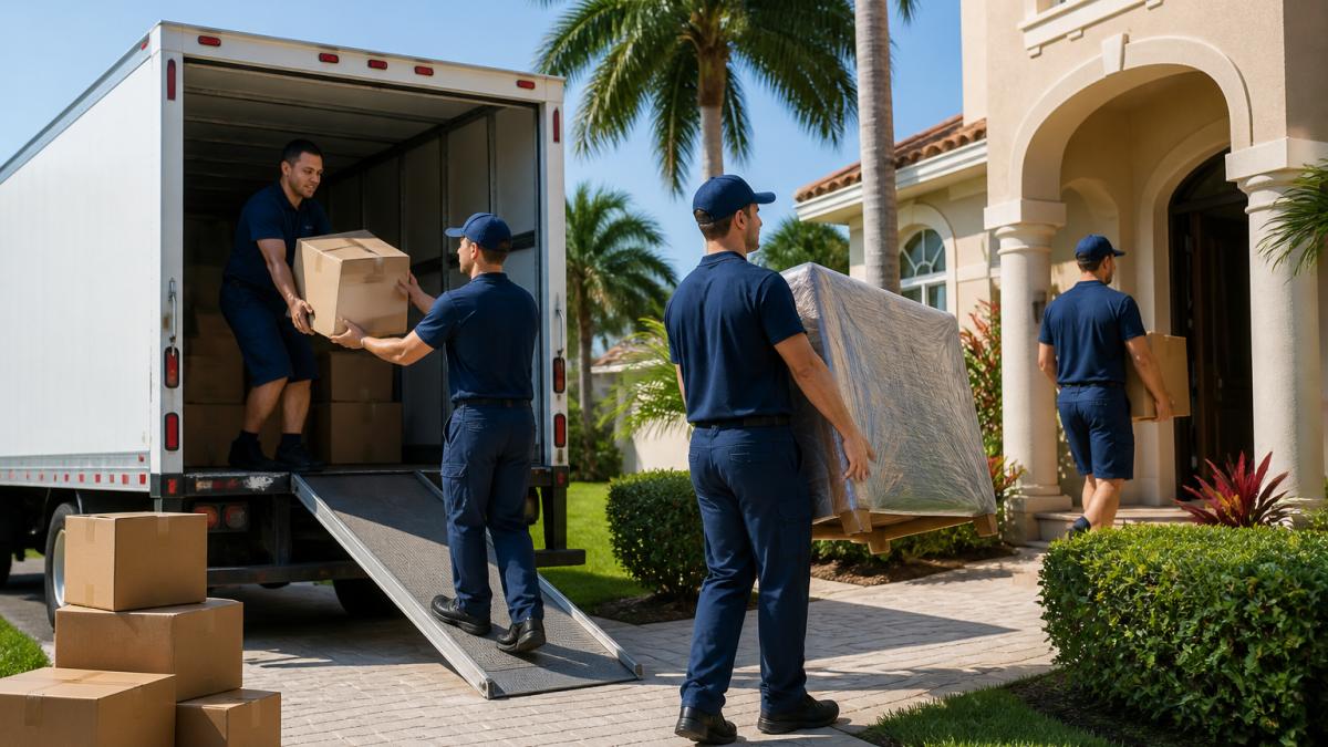 Professional moving companies loading furniture into a truck in front of a Florida home with palm trees