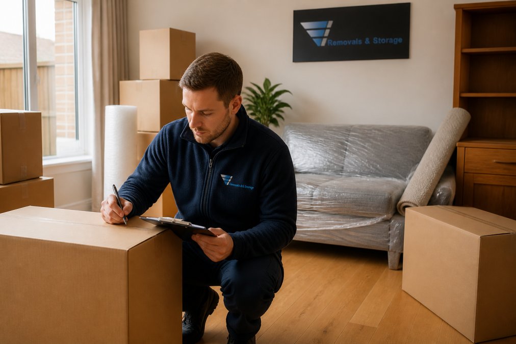 A removal company employee in uniform carefully inspecting a cardboard box with a clipboard, surrounded by packed furniture in a home setting, natural daylight