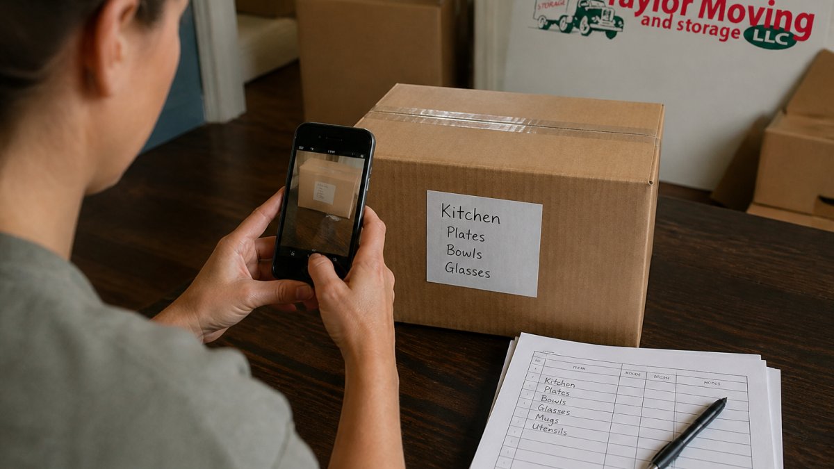 A person photographing a labeled cardboard moving box with a smartphone while a paper inventory list and pen sit on a nearby table