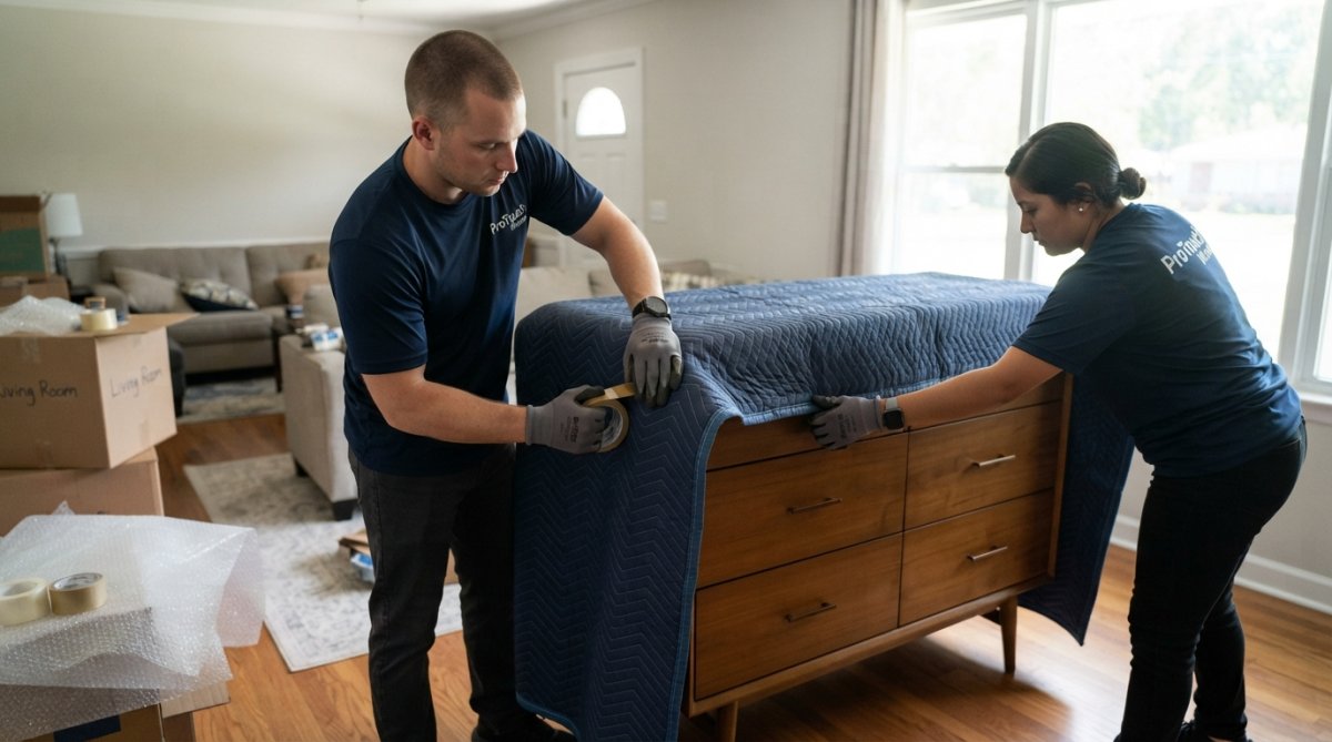 Professional moving crew carefully wrapping and protecting furniture with moving blankets and padding in a residential living room with natural daylight