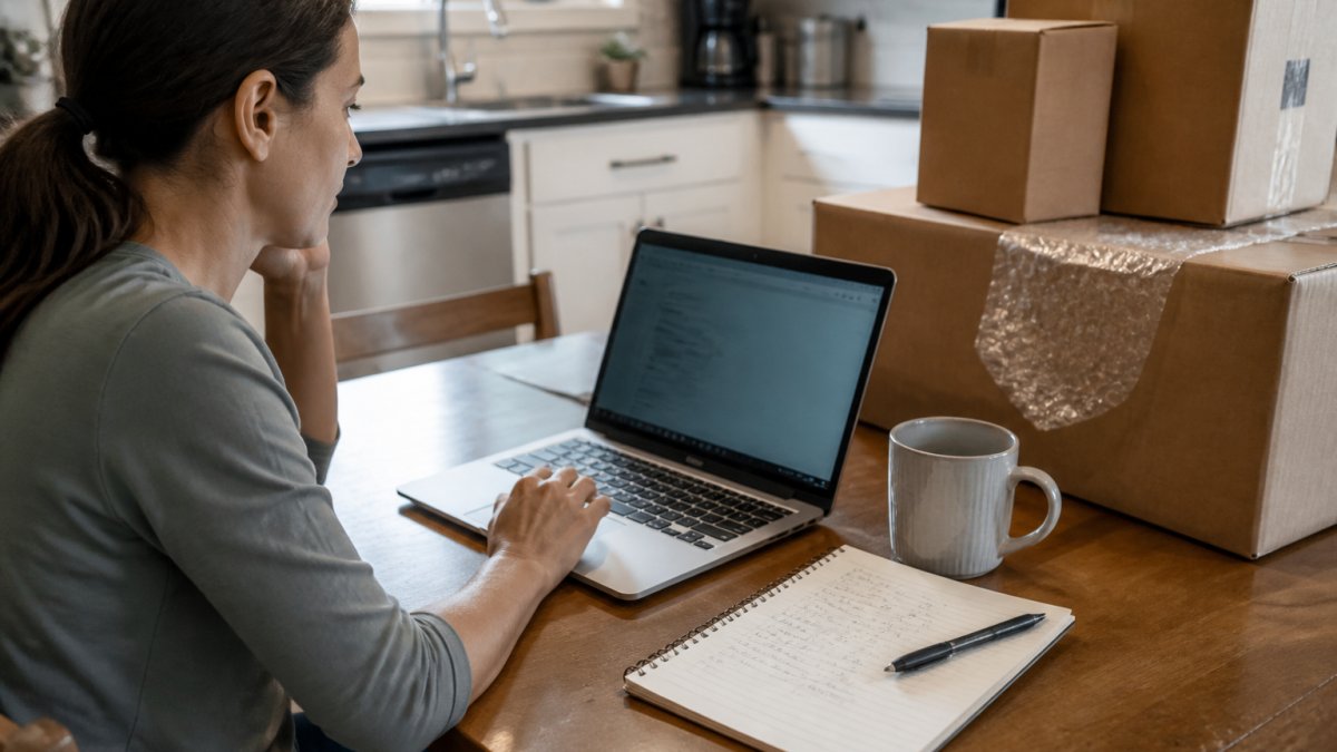 A person at a kitchen table with a laptop open to a moving cost calculator, cardboard boxes and a notepad with budget figures nearby, natural daylight