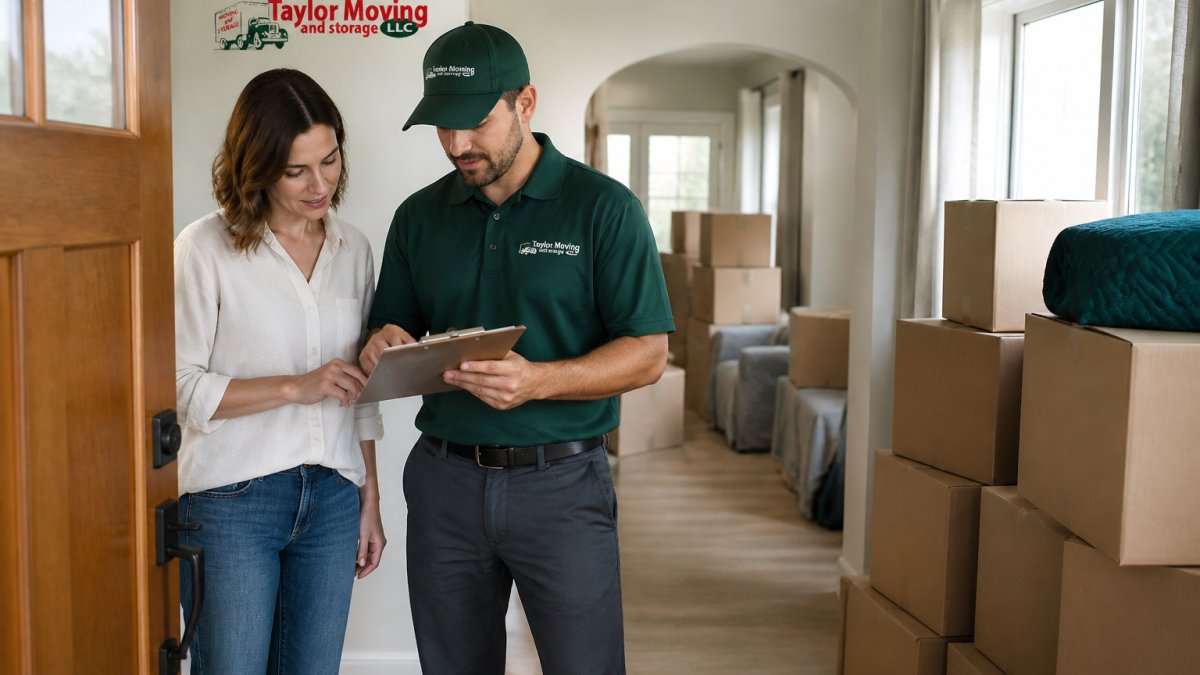 A homeowner and a moving crew lead reviewing a clipboard with move details in the doorway of a bright home, boxes stacked nearby