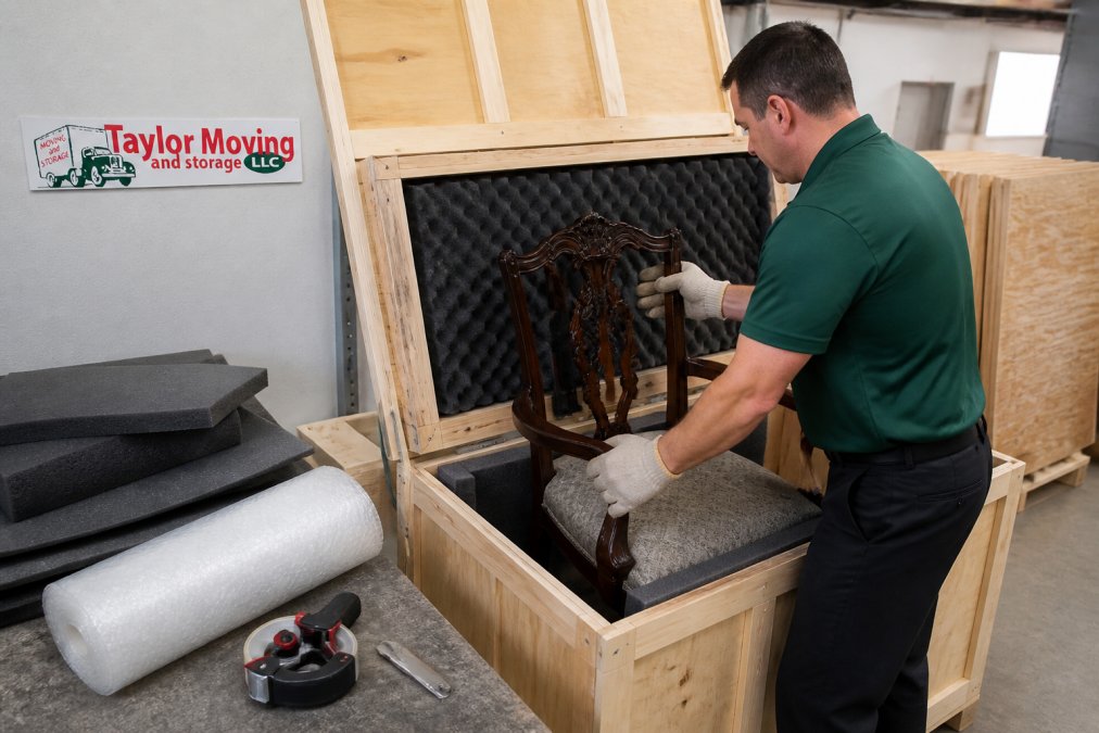 A mover in work gloves carefully fits a wooden antique chair into a custom-built plywood crate lined with foam padding, inside a clean warehouse with packing materials nearby